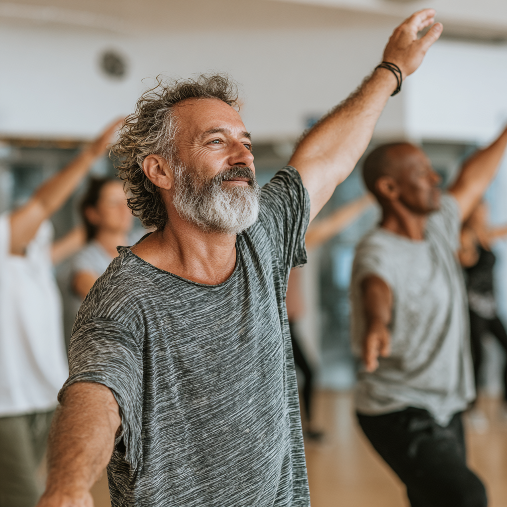 Група активних людей віком 50-60 років виконує групове тренування у просторому залі, демонструючи командний дух та взаємну підтримку під керівництвом досвідченого інструктора