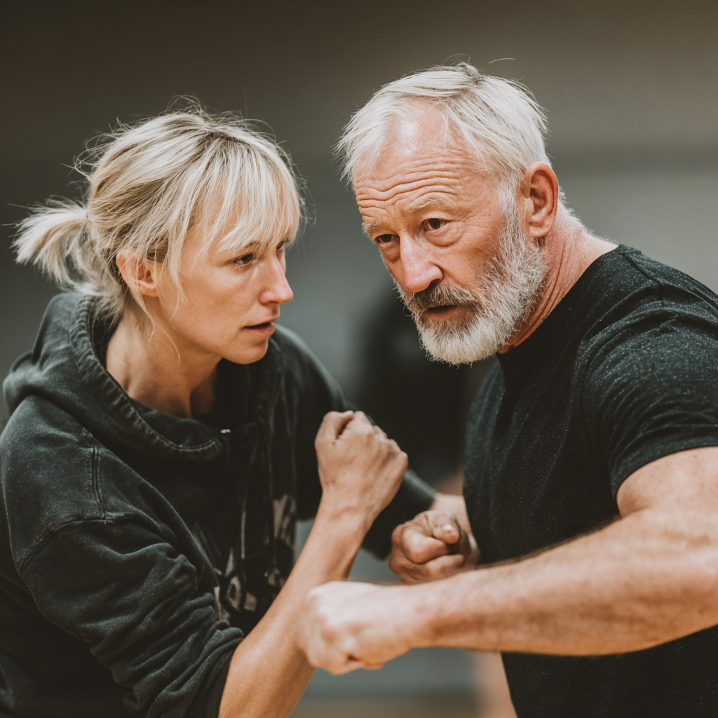 Кваліфікований фітнес інструктор 55 років проводить безкоштовне пробне заняття для нової клієнтки віком 60 років, демонструючи правильну техніку вправ та індивідуальний підхід