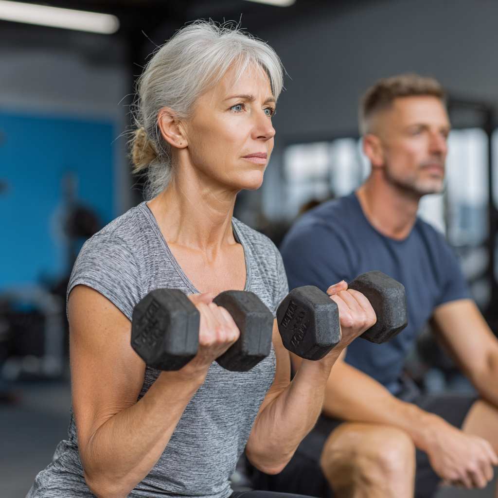 Активна жінка 55 років виконує силові вправи з гантелями у сучасному спортивному залі, демонструючи правильну техніку та концентрацію під наглядом професійного тренера