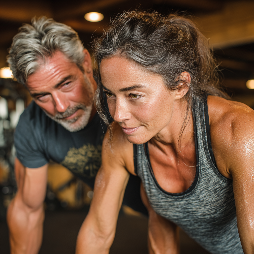 Досвідчений тренер 58 років працює з клієнтом у віці 52 років, демонструючи індивідуальний підхід до складання програми тренувань у затишному фітнес залі